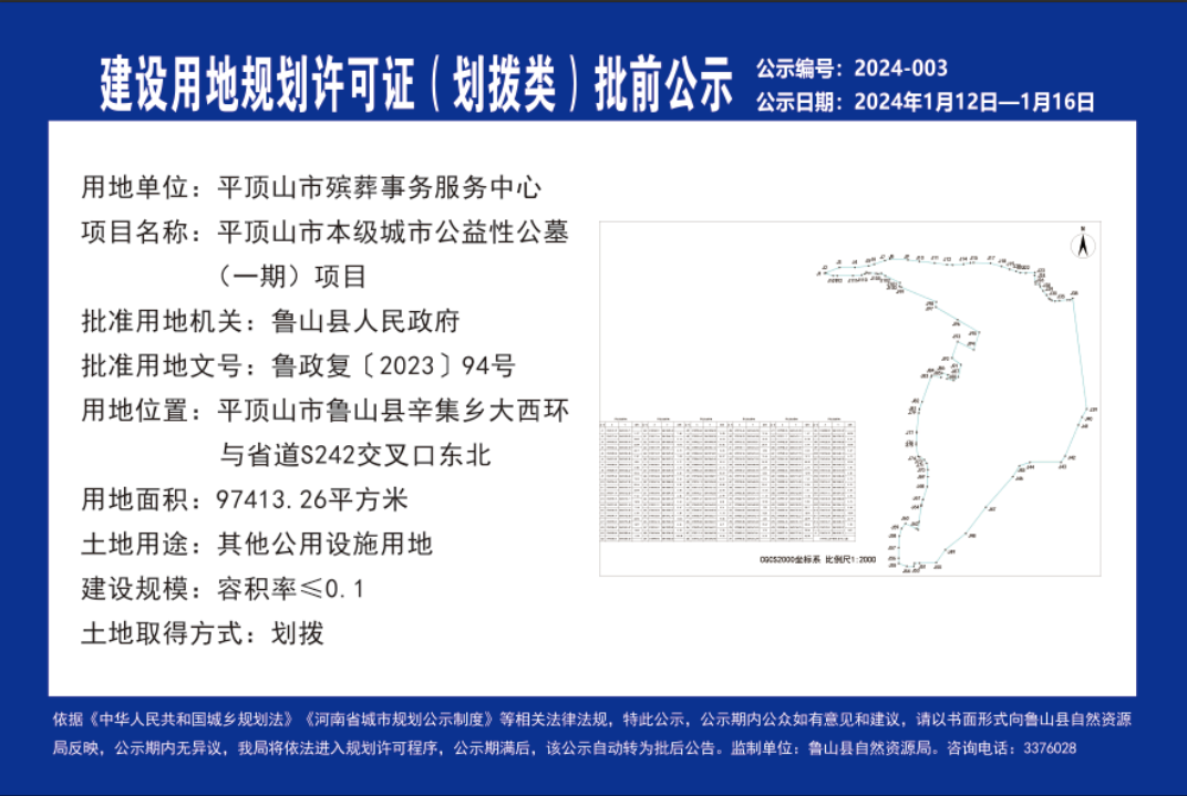 平頂山市本級城市公益性公墓一期項目劃撥類建設用地規劃許可證批前